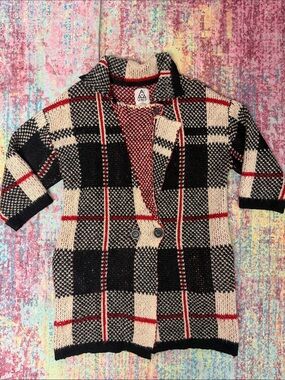 UNIF Black Cream Plaid Knit Cardigan with Red Stripes